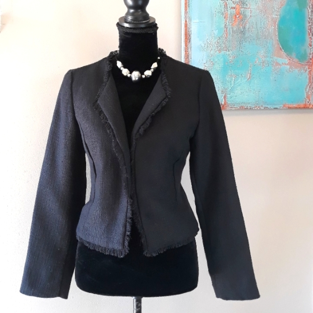 Violet b. Petite/ Black/ Tweed/Open Front Blazer w/ Fringe Trim Detail
